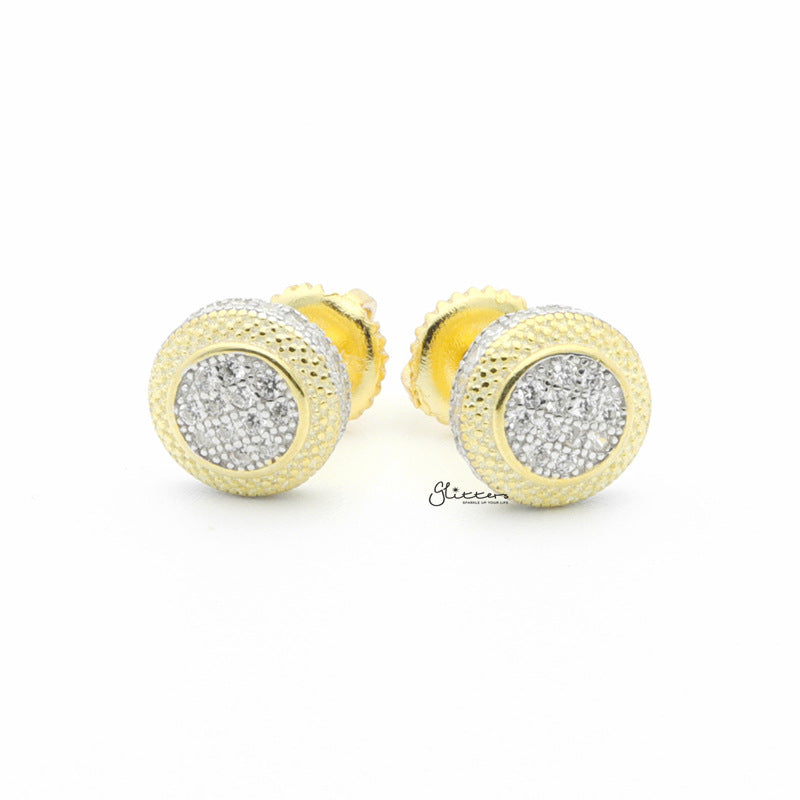 Sterling Silver C.Z Paved Two Tone Round Stud Earrings-Cubic Zirconia, earrings, Hip Hop Earrings, Iced Out, Jewellery, Men's Earrings, Men's Jewellery, Stud Earrings, Women's Earrings, Women's Jewellery-sse0410-1_1-Glitters