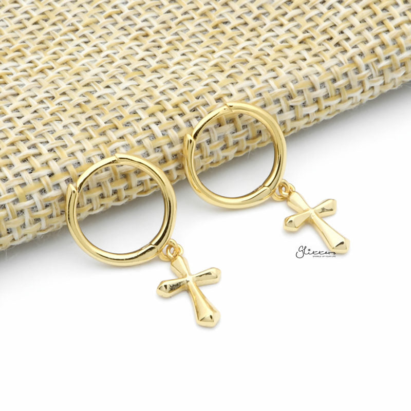 Sterling Silver Huggie Hoop Earrings with Dangle Cross - Gold-Cubic Zirconia, earrings, Hoop Earrings, Jewellery, Women's Earrings, Women's Jewellery-sse0419-g2_1-Glitters