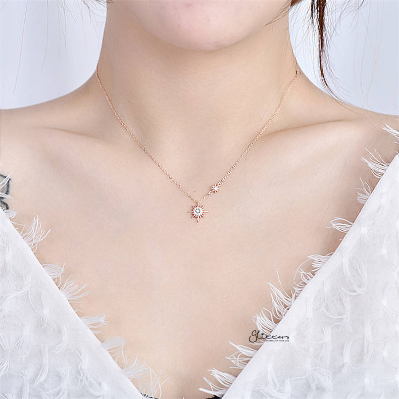 Sterling Silver C.Z Paved Sun Necklace - Rose Gold-Cubic Zirconia, Jewellery, Necklaces, Sterling Silver Necklaces, Women's Jewellery, Women's Necklace-ssp0170_3_1dffb0a0-df9e-4d27-9d5c-ba11a397d5f7-Glitters