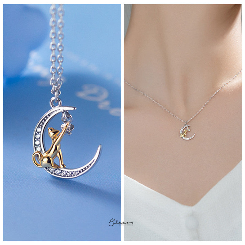 Sterling Silver Cat on the Moon Necklace-Cubic Zirconia, Jewellery, Necklaces, Sterling Silver Necklaces, Women's Jewellery, Women's Necklace-ssp0172-m-Glitters