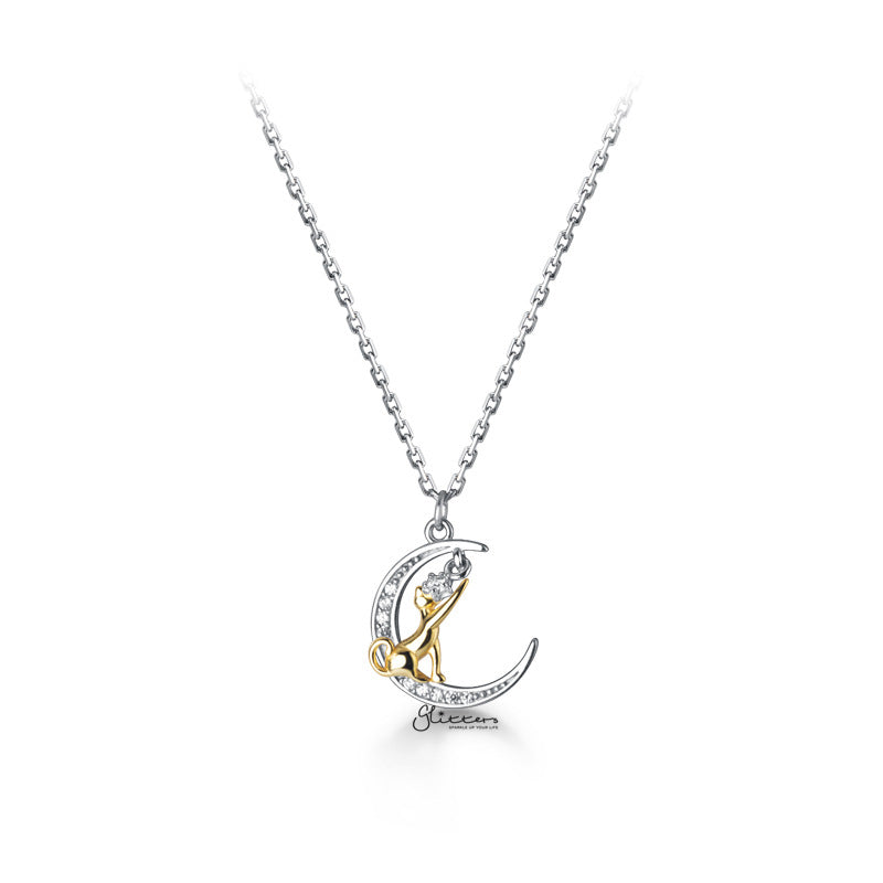 Sterling Silver Cat on the Moon Necklace-Cubic Zirconia, Jewellery, Necklaces, Sterling Silver Necklaces, Women's Jewellery, Women's Necklace-ssp0172_1-Glitters
