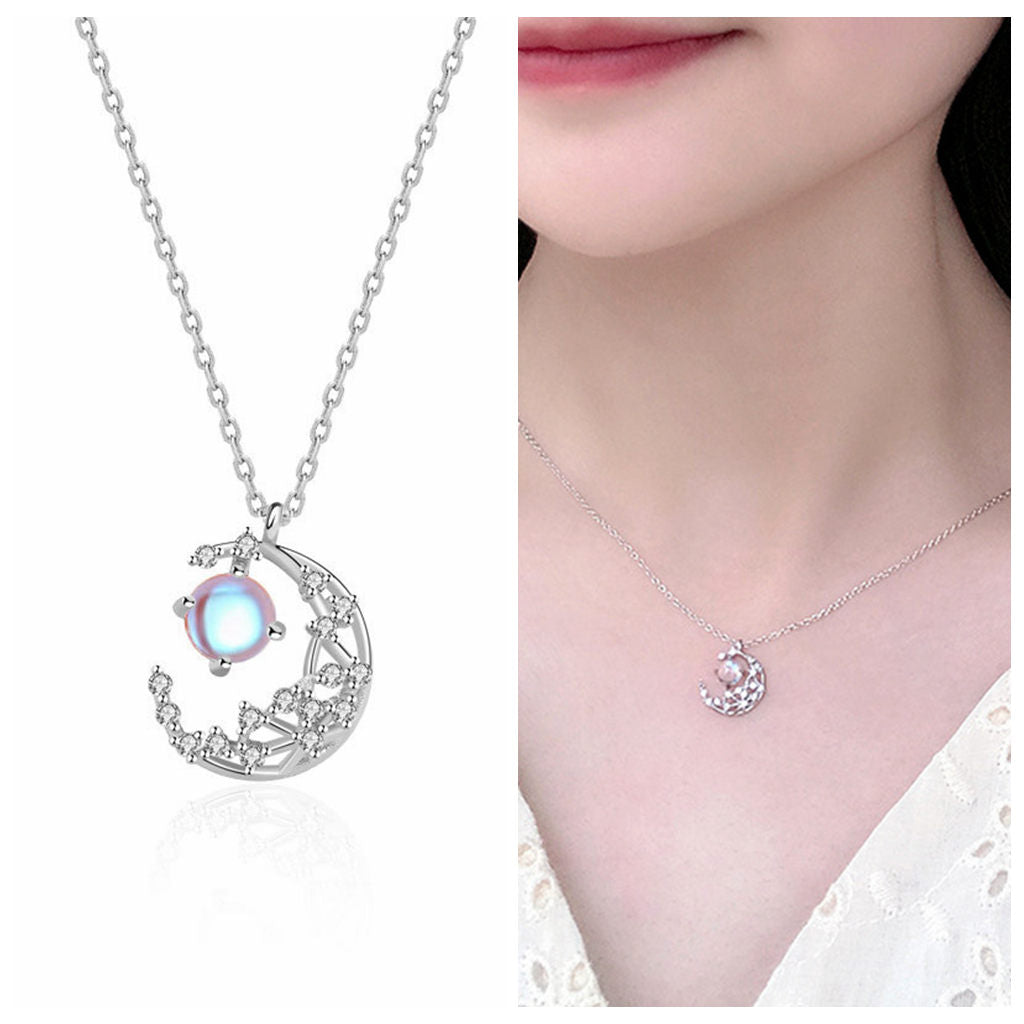 Sterling Silver Crescent Necklace-Cubic Zirconia, Jewellery, Necklaces, New, Sterling Silver Necklaces, Women's Jewellery, Women's Necklace-ssp0175-3-Glitters