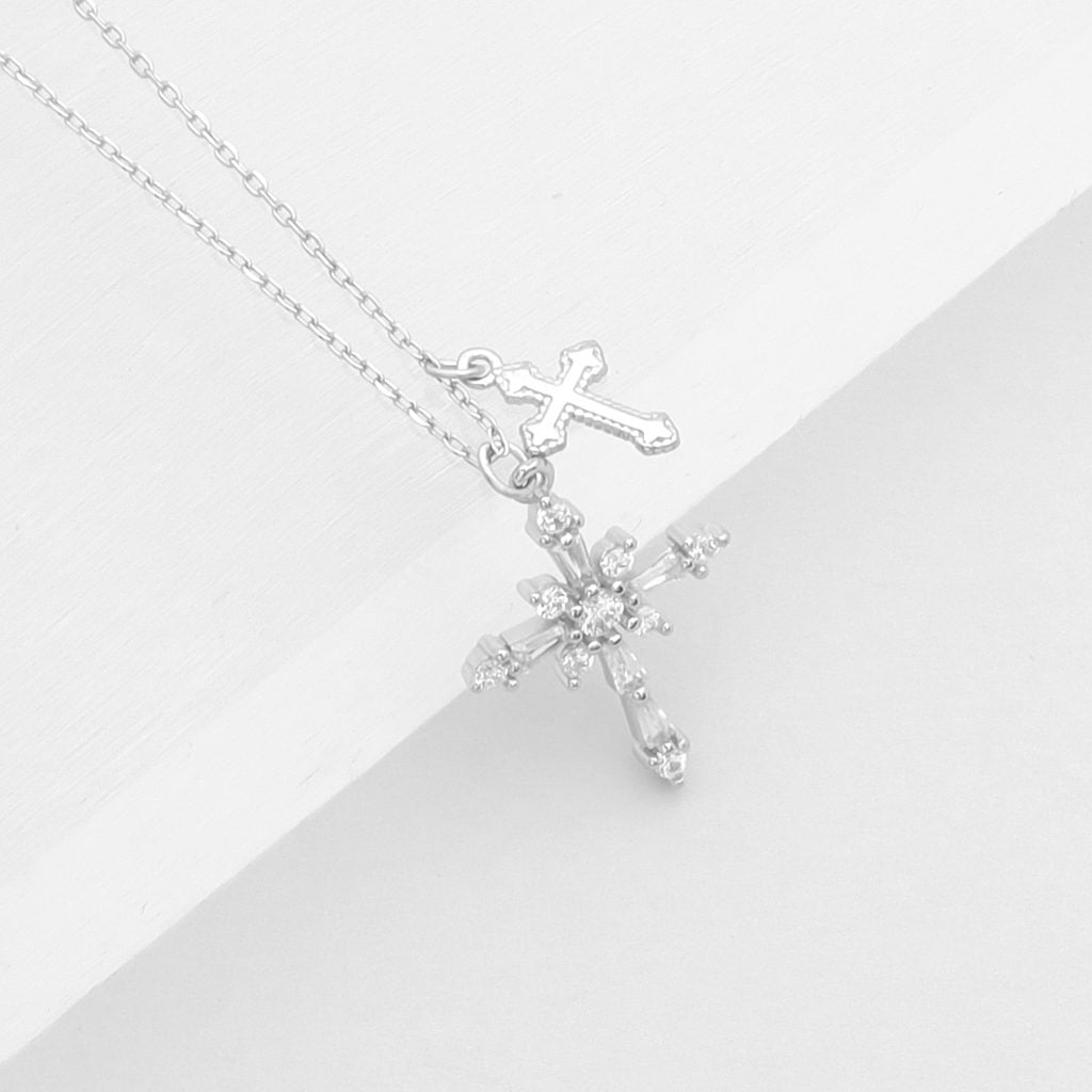 Sterling Silver CZ Cross Necklace-Cubic Zirconia, Jewellery, Necklaces, New, Sterling Silver Necklaces, Women's Jewellery, Women's Necklace-ssp0188-1_1-Glitters