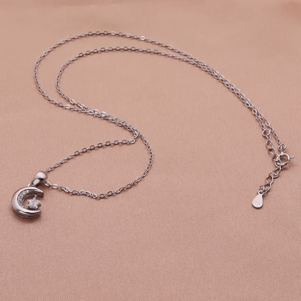 Moon and CZ Star Sterling Silver Necklace-Cubic Zirconia, Jewellery, Necklaces, New, Sterling Silver Necklaces, Women's Jewellery, Women's Necklace-ssp0194-5_1-Glitters