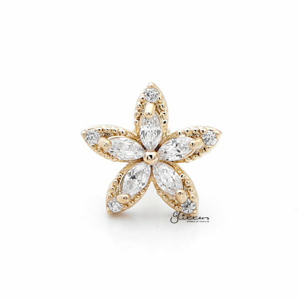 C.Z Flower Internally Threaded Top Cartilage/Tragus Flat Back Stud - Gold-Body Piercing Jewellery, Cartilage, Cubic Zirconia, Jewellery, Tragus, Women's Earrings, Women's Jewellery-tg0021-g-1_600-Glitters