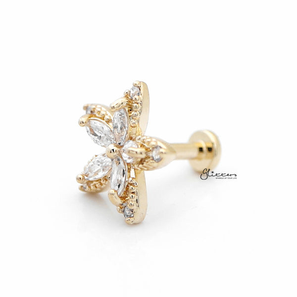 C.Z Flower Internally Threaded Top Cartilage/Tragus Flat Back Stud - Gold-Body Piercing Jewellery, Cartilage, Cubic Zirconia, Jewellery, Tragus, Women's Earrings, Women's Jewellery-tg0021-g-2_600-Glitters