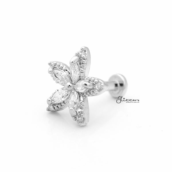 C.Z Flower Internally Threaded Top Cartilage/Tragus Flat Back Stud - Silver-Body Piercing Jewellery, Cartilage, Cubic Zirconia, Jewellery, Tragus, Women's Earrings, Women's Jewellery-tg0021-s-2_600-Glitters