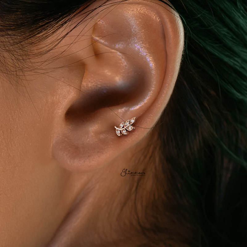 C.Z Paved Leaf Internally Threaded Top Cartilage/Tragus Flat Back Stud - Silver-Body Piercing Jewellery, Cartilage, Cubic Zirconia, Jewellery, Tragus, Women's Earrings, Women's Jewellery-tg0022-m-Glitters