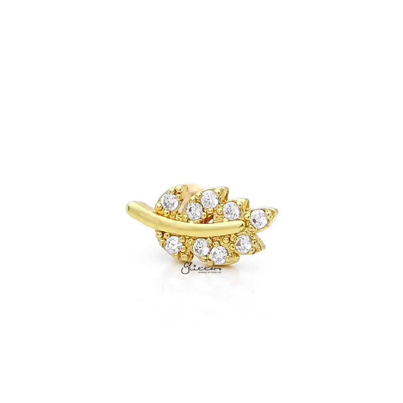 C.Z Paved Leaf Top on Internally Threaded Flat Back Stud - Gold-Body Piercing Jewellery, Cartilage, Cubic Zirconia, Jewellery, Tragus, Women's Earrings, Women's Jewellery-tg0031-g-Glitters
