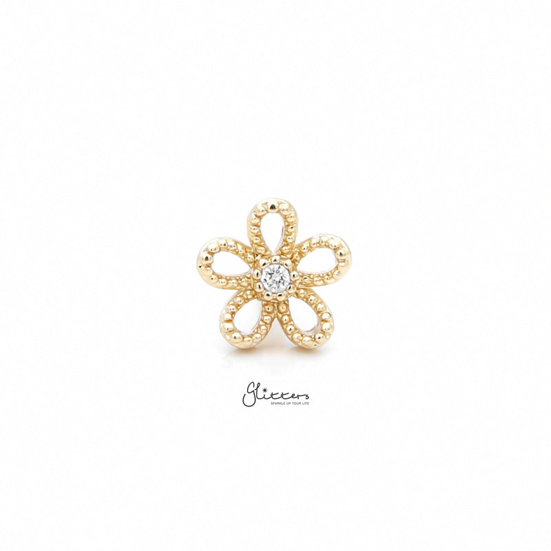 Flower with C.Z Center Cartilage Tragus Barbell - Gold-Body Piercing Jewellery, Cartilage, Cubic Zirconia, Flat back, Jewellery, Tragus, Women's Earrings, Women's Jewellery-tg0065-g-1_800-Glitters