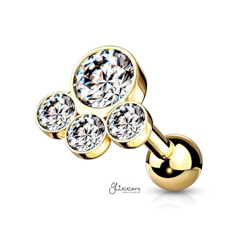 4 Round Gem Set Top Tragus Cartilage Barbell Stud - Gold-Body Piercing Jewellery, Cartilage, Crystal, Jewellery, Tragus, Women's Earrings, Women's Jewellery-tg0129-g-1_800-Glitters