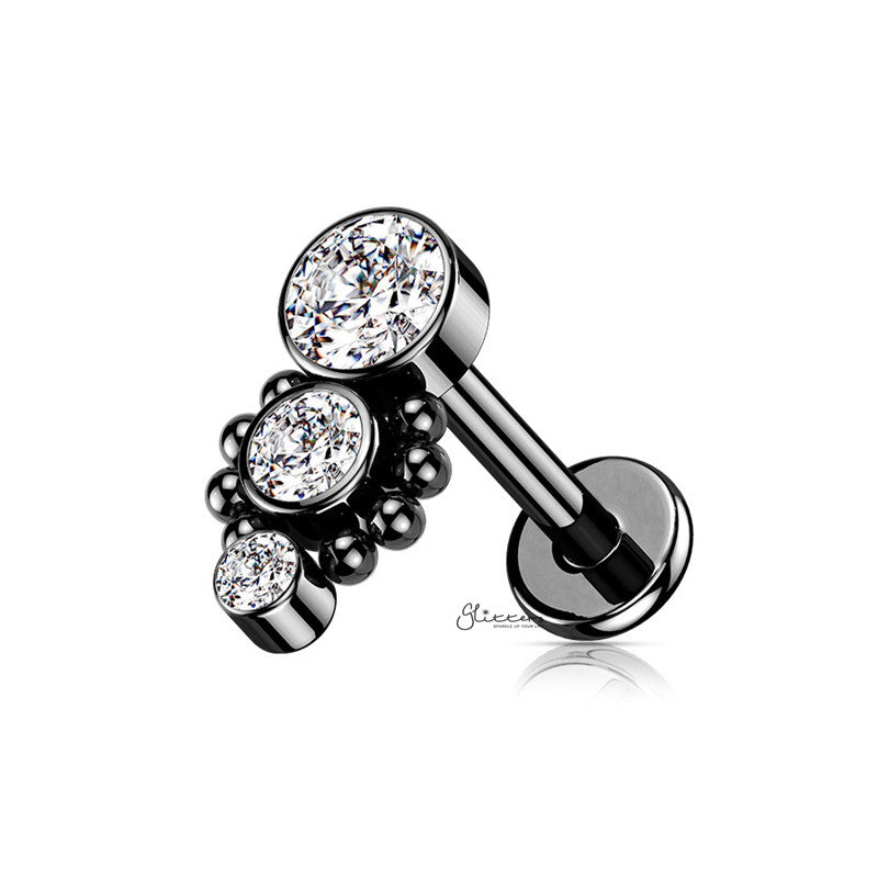 Triple CZ Top Flat Back Stud - Black-Body Piercing Jewellery, Cartilage, Cubic Zirconia, Jewellery, Labret, Tragus, Women's Earrings, Women's Jewellery-tg0141-k1-Glitters