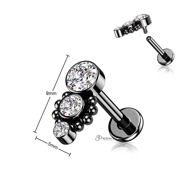 Triple CZ Top Flat Back Stud - Black-Body Piercing Jewellery, Cartilage, Cubic Zirconia, Jewellery, Labret, Tragus, Women's Earrings, Women's Jewellery-tg0141-k_New-Glitters