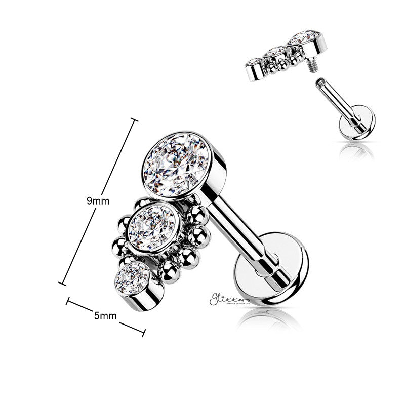Triple CZ Top Flat Back Stud - Silver-Body Piercing Jewellery, Cartilage, Cubic Zirconia, Jewellery, Labret, Tragus, Women's Earrings, Women's Jewellery-tg0141-s_New-Glitters