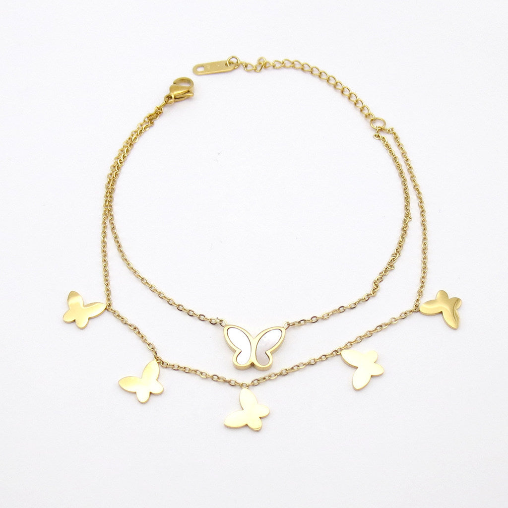 Stainless Steel Double Layer Butterfly Anklet - Gold-Anklet-1-Glitters