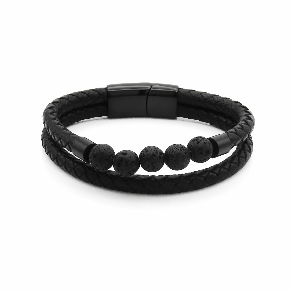 Black Braided Leather Bracelet with Lava Stone Beads-Stainless Steel Bracelets-2-Glitters