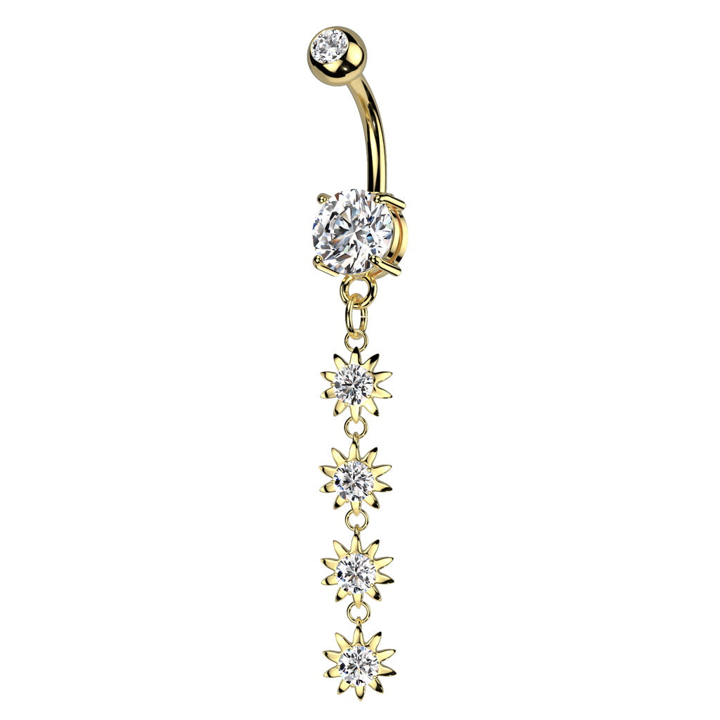 4 CZ Flower Vertical Dangle Belly Button Ring - Gold-Belly Rings-1-Glitters