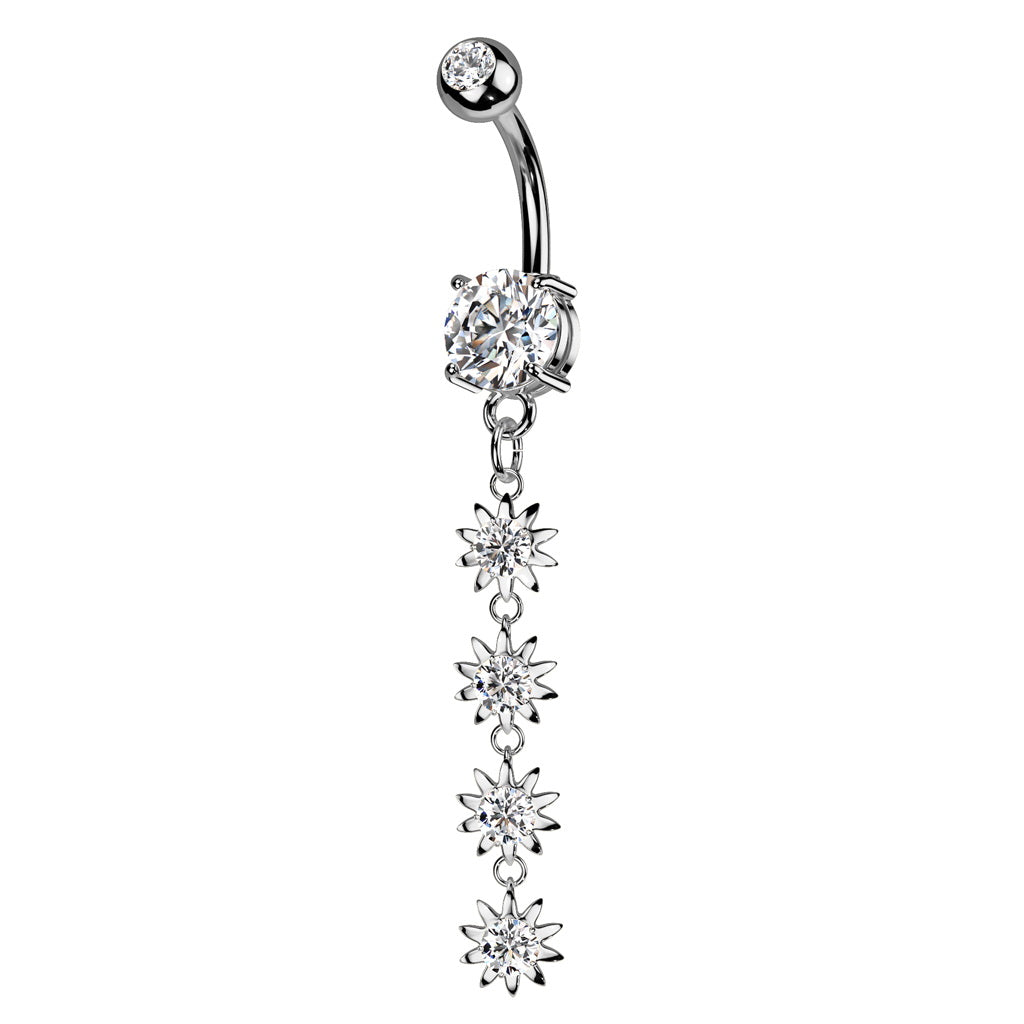 4 CZ Flower Vertical Dangle Belly Button Ring - Silver-Belly Rings-1-Glitters