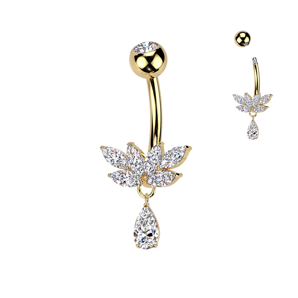 Marquise CZ Fan And CZ Teardrop Dangle Titanium Belly Button Ring - Gold-Belly Rings-1-Glitters