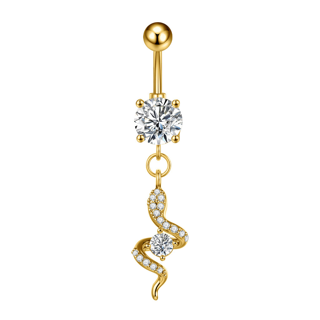 CZ Paved Snake Dangle Belly Button Ring - Gold-Belly Rings-1-Glitters
