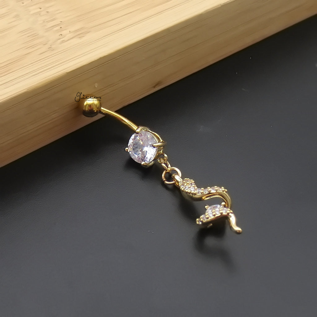 CZ Paved Snake Dangle Belly Button Ring - Gold-Belly Rings-2-Glitters