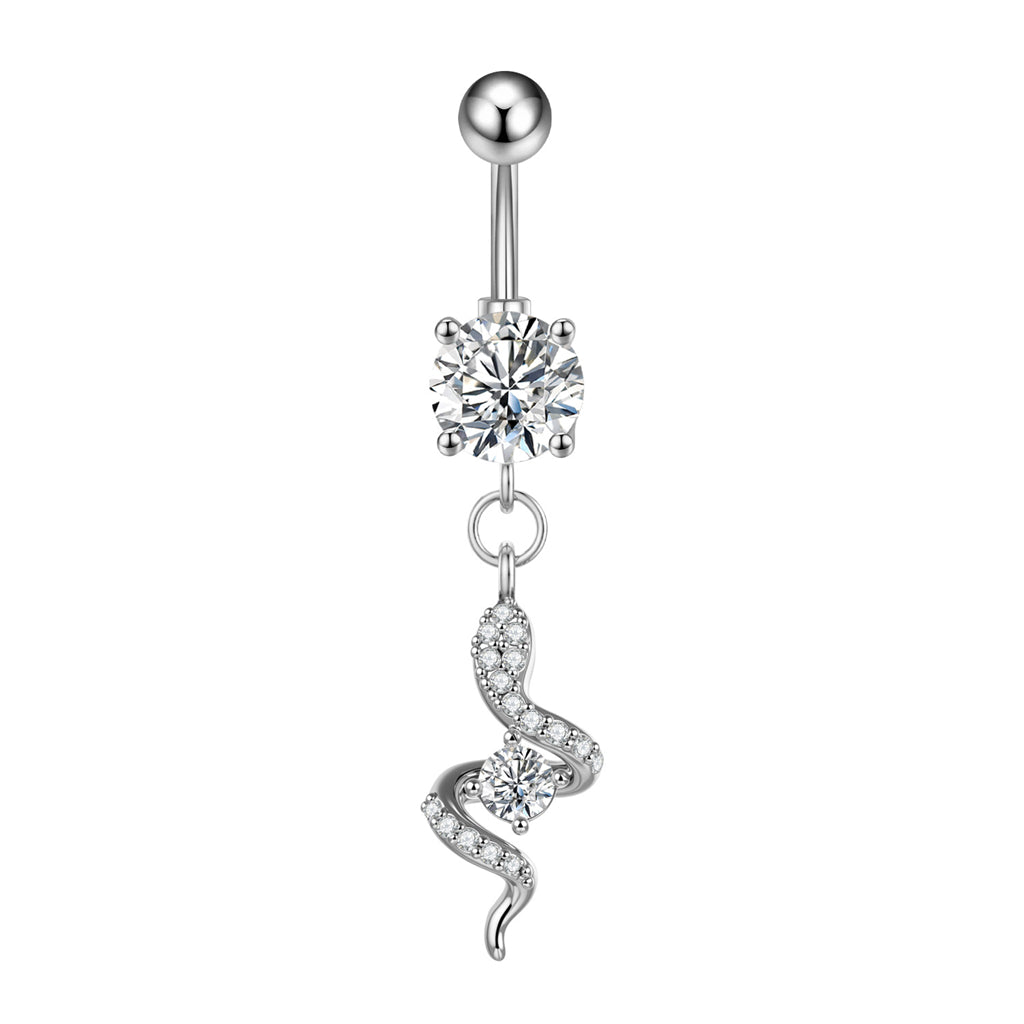 CZ Paved Snake Dangle Belly Button Ring - Silver-Belly Rings-1-Glitters
