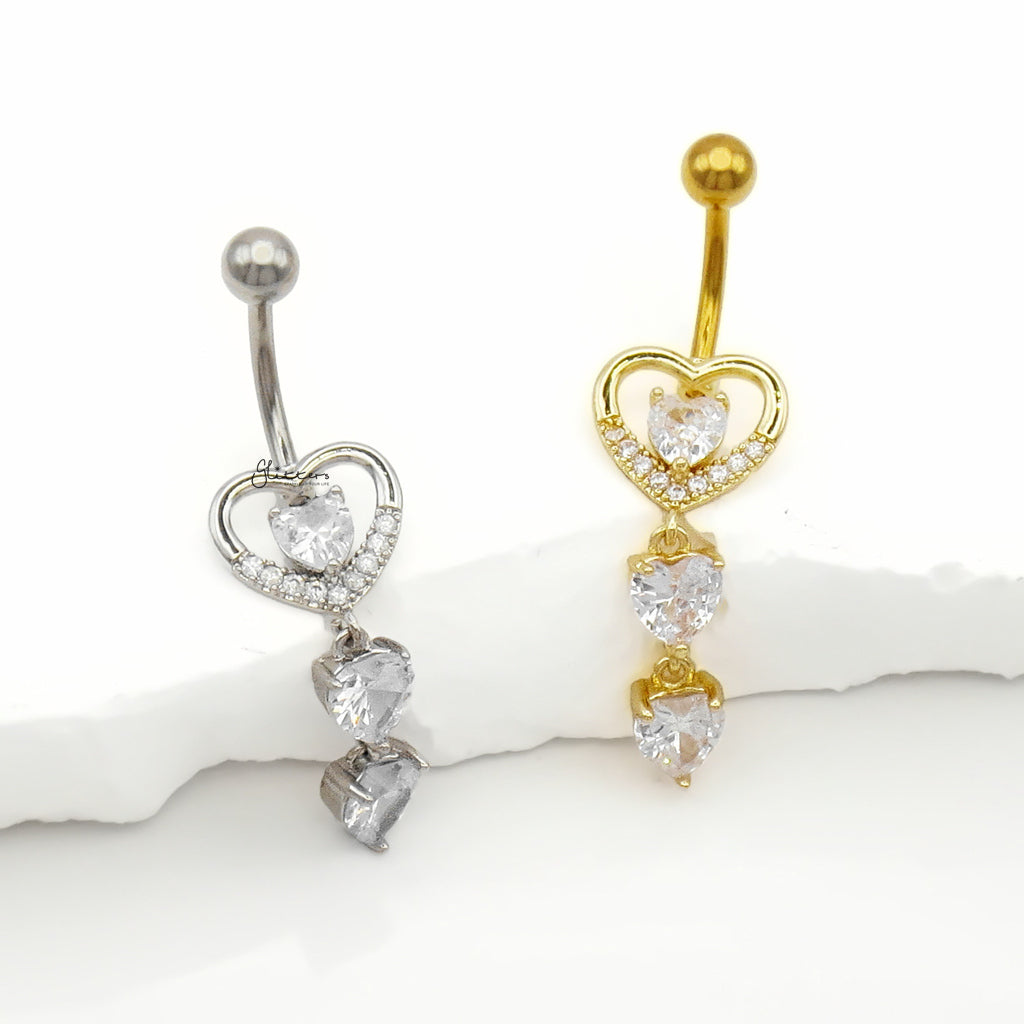 Triple CZ Heart Dangle Belly Button Navel Ring - Gold-Belly Rings-4-Glitters