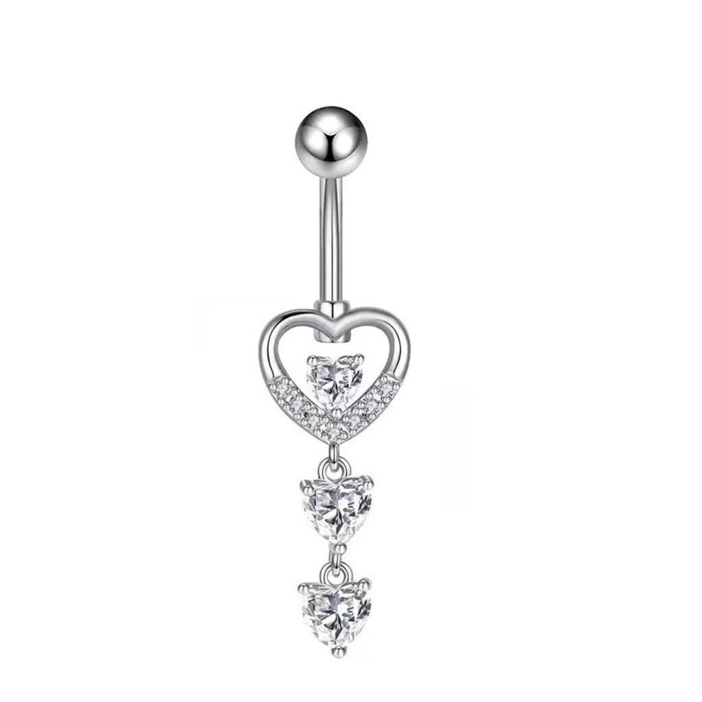 Triple CZ Heart Dangle Belly Button Navel Ring - Silver-Belly Rings-1-Glitters