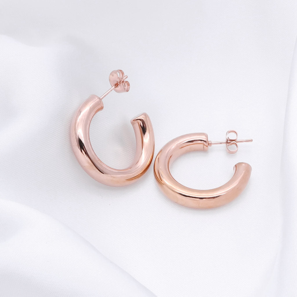 Stainless Steel Thick Tube Hoop Earrings - Rose Gold-Earrings-3-Glitters