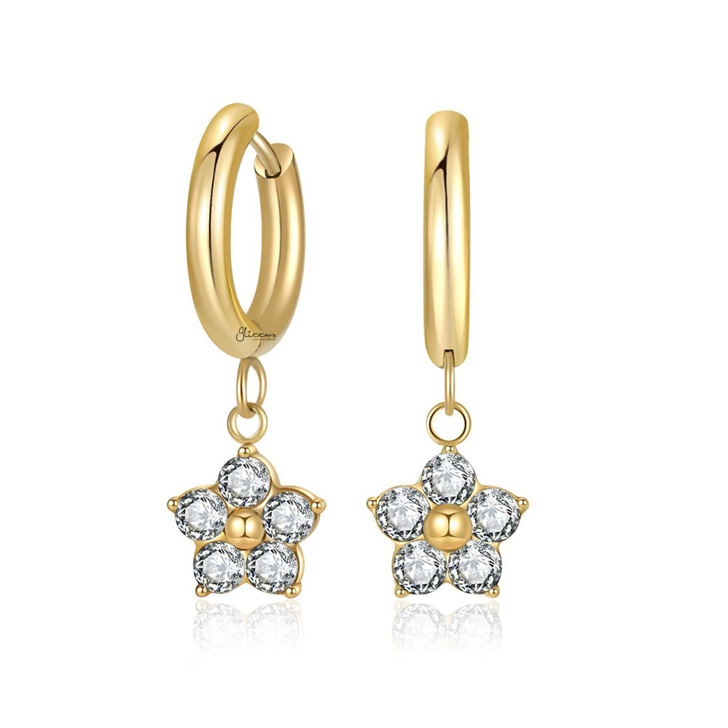 Stainless Steel CZ Flower Dangle Hoop Earrings-Earrings-2-Glitters