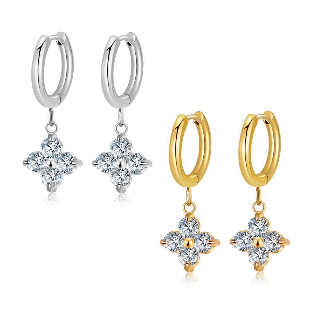 Stainless Steel CZ Clover Flower Dangle Hoop Earrings-Earrings-1-Glitters