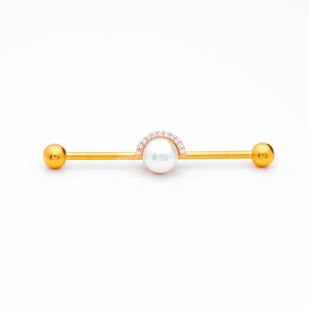Pearl and Half CZ Rim Edge Industrial Barbell - Gold-Industrial Barbells-1-Glitters