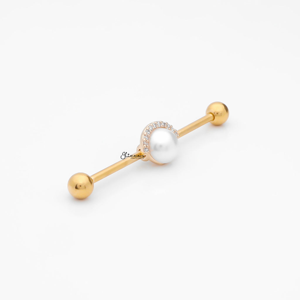 Pearl and Half CZ Rim Edge Industrial Barbell - Gold-Industrial Barbells-3-Glitters