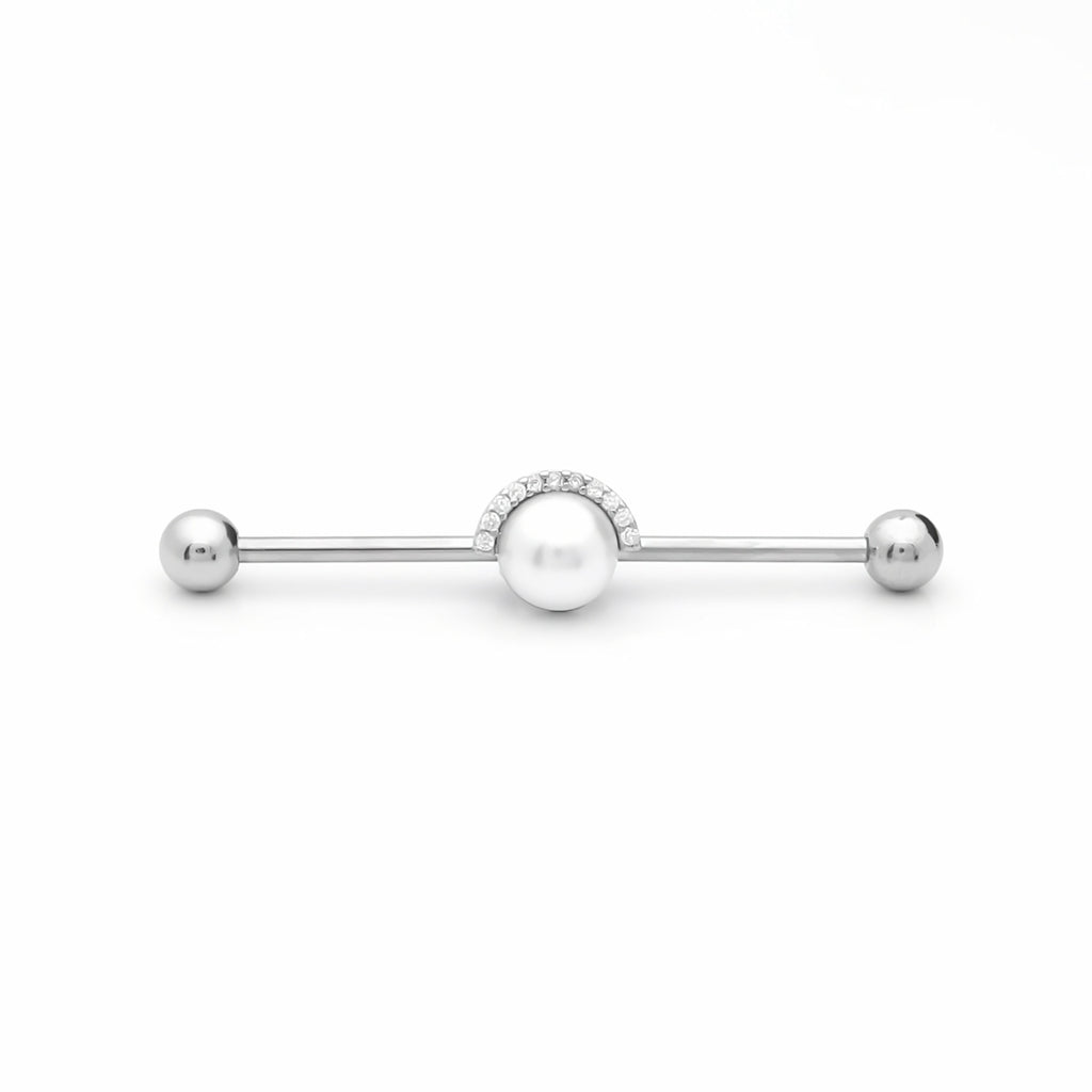 Pearl and Half CZ Rim Edge Industrial Barbell - Silver-Industrial Barbells-1-Glitters