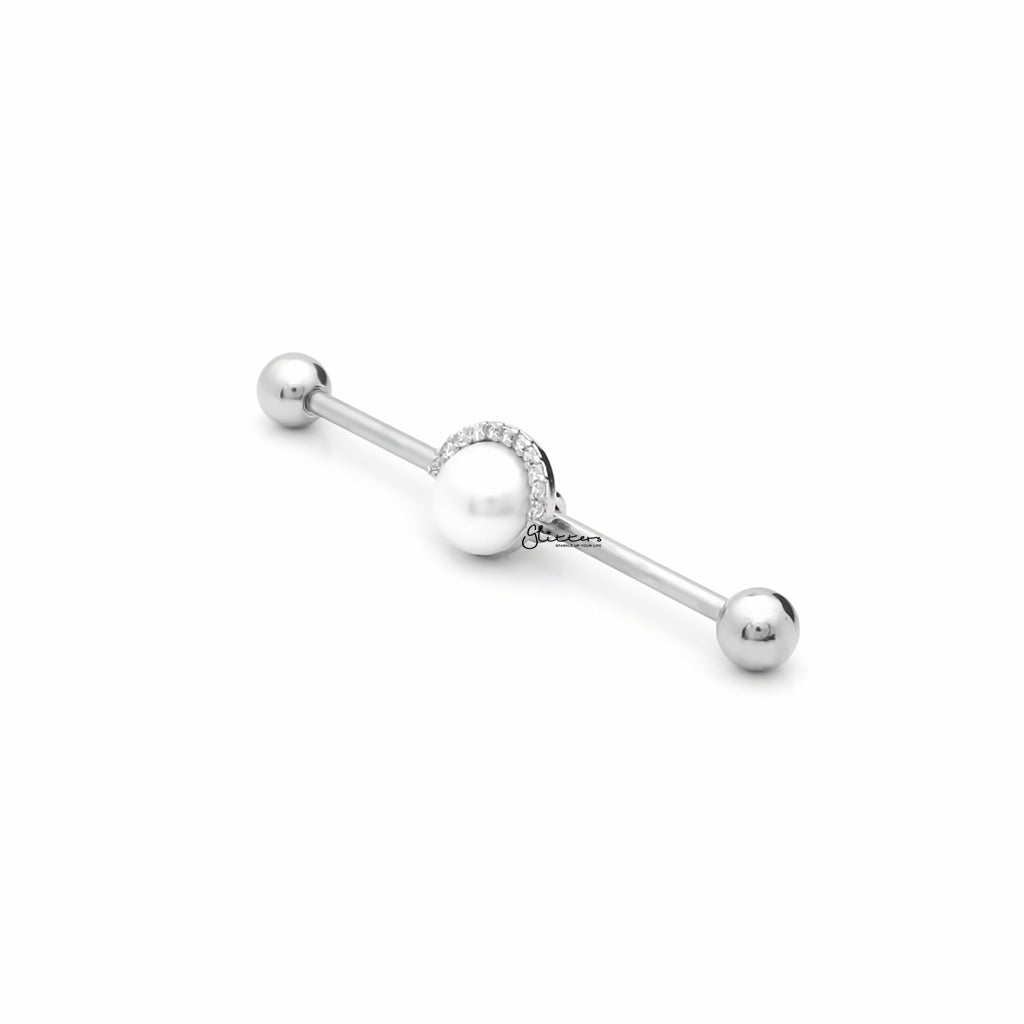 Pearl and Half CZ Rim Edge Industrial Barbell - Silver-Industrial Barbells-2-Glitters