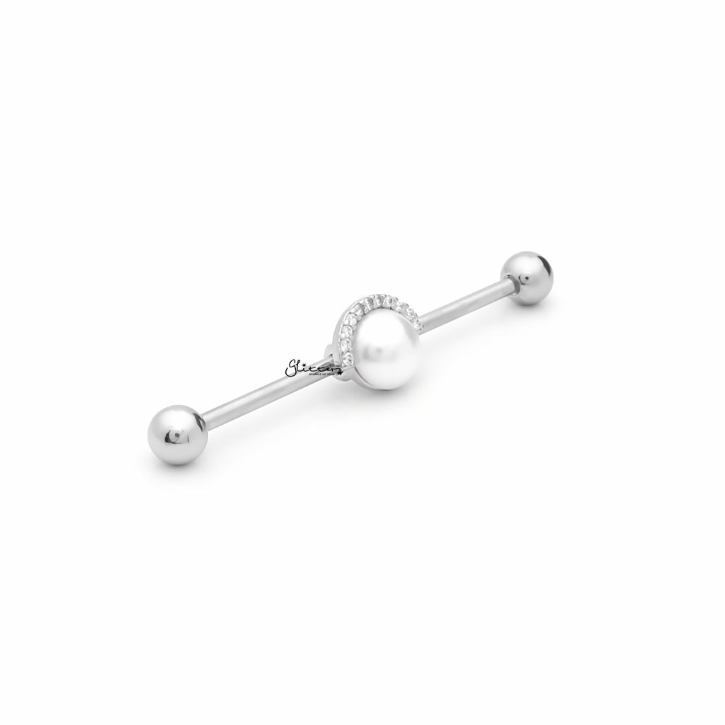 Pearl and Half CZ Rim Edge Industrial Barbell - Silver-Industrial Barbells-3-Glitters