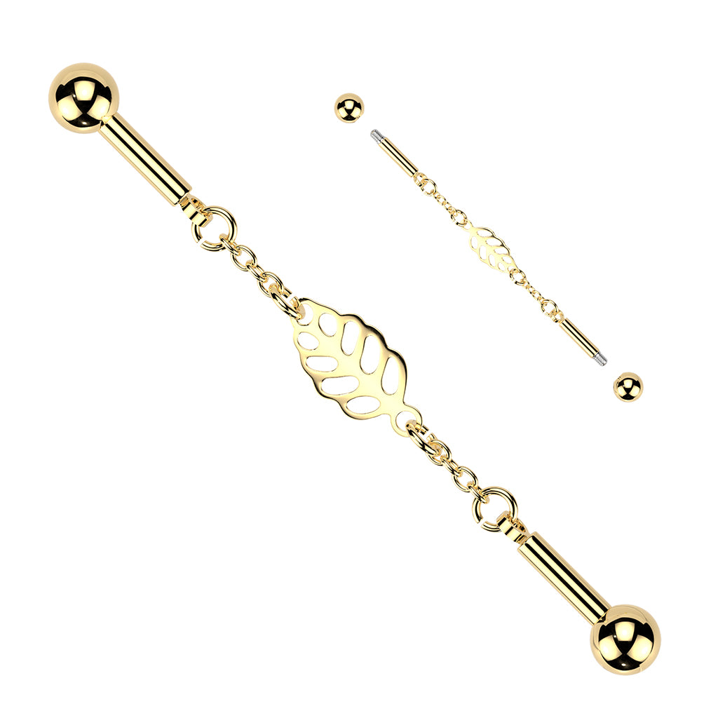 Centered Leaf Connector Chain Industrial Barbell - Gold