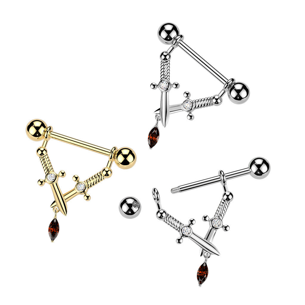 Crossed Daggers & Marquise CZ Dangle Nipple Barbell - Gold
