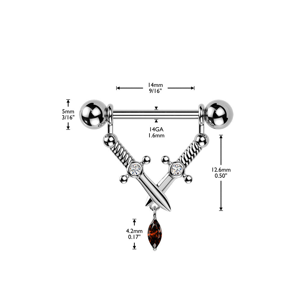 Crossed Daggers & Marquise CZ Dangle Nipple Barbell - Gold