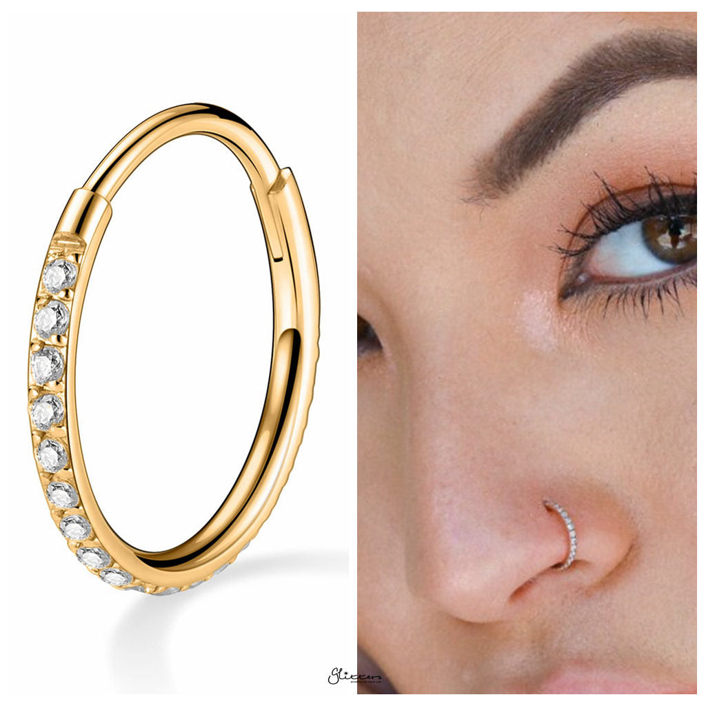 CZ Paved Hinged Segment Nose Hoop Ring - Silver-Nose Rings-6-Glitters