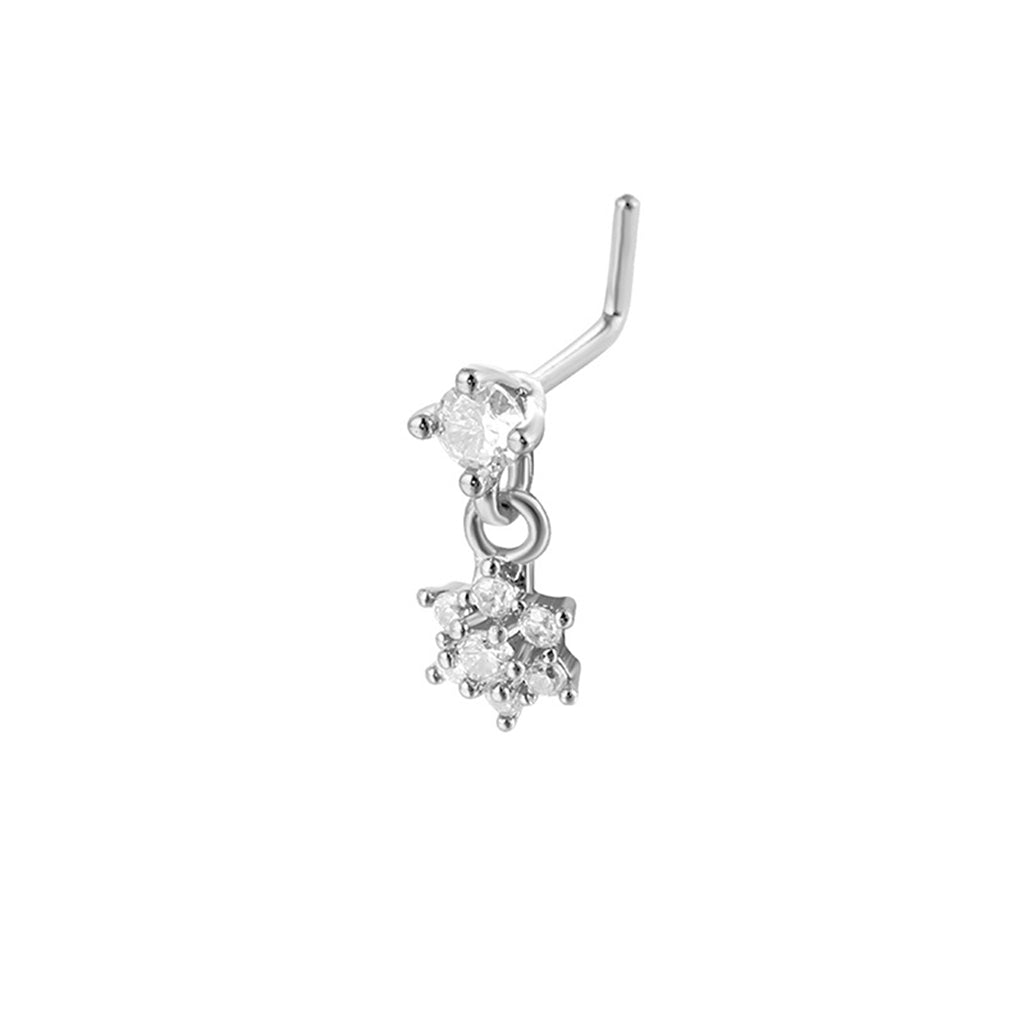 CZ Nose Stud with Dangling CZ Flower Charm-Nose Studs-1-Glitters