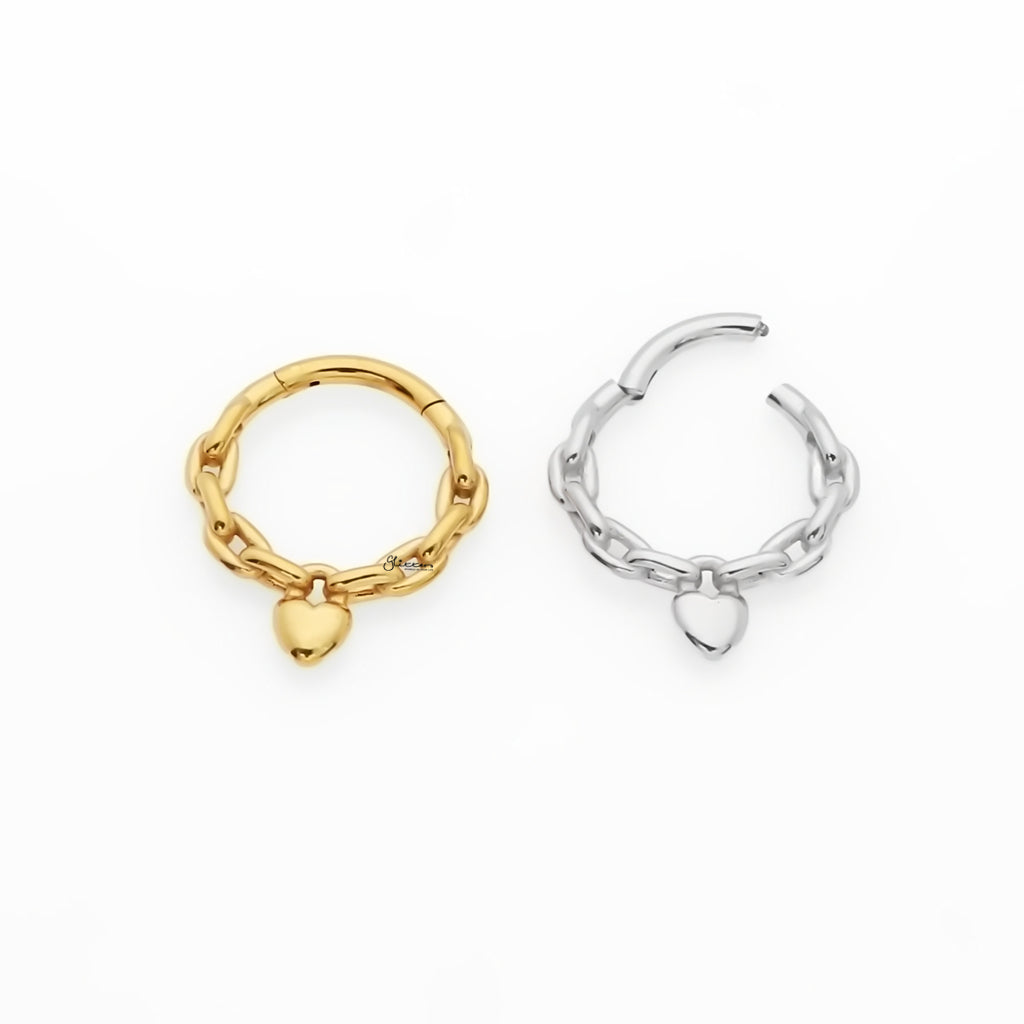 Chain Link with Heart Hinged Segment Hoop Ring - Silver