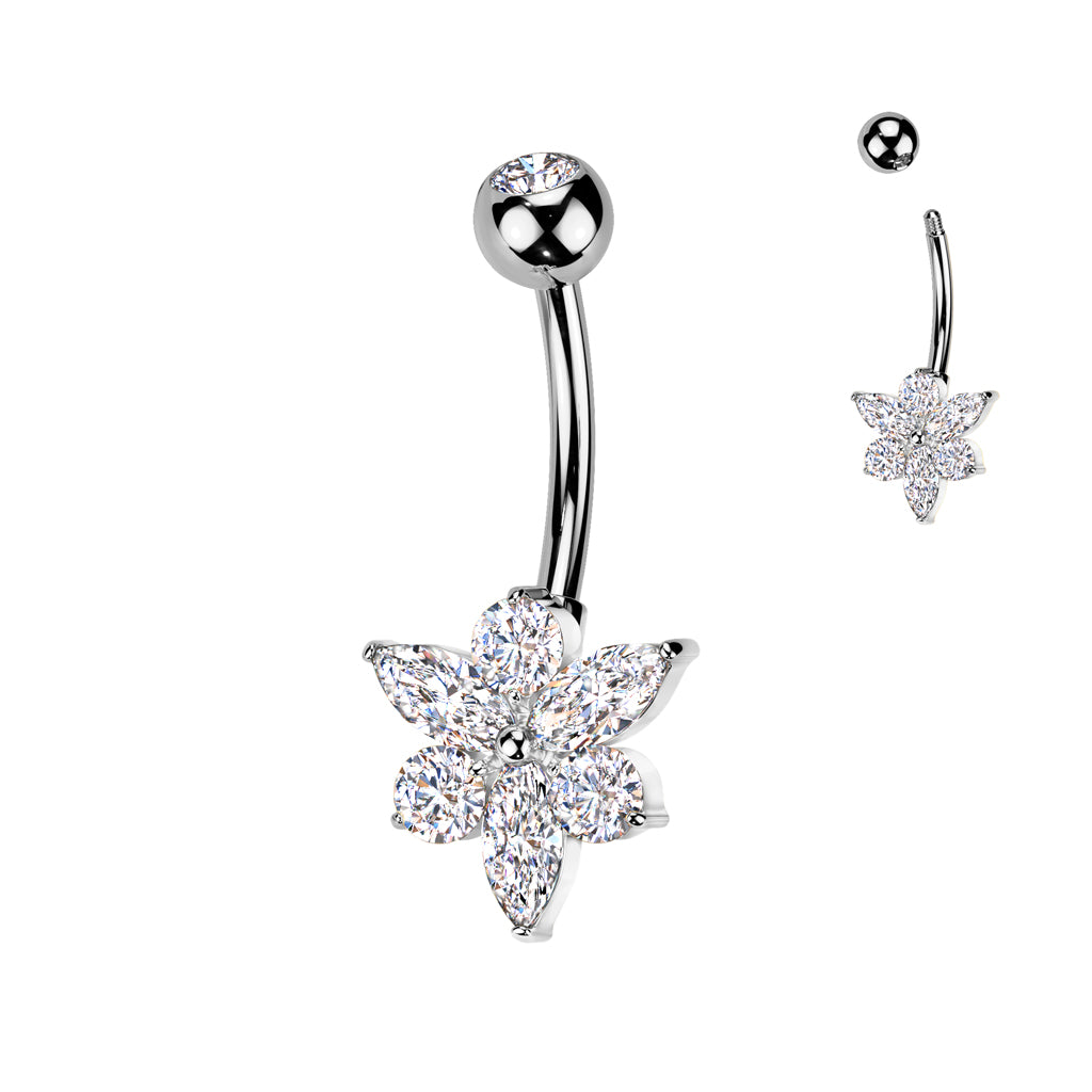 Marquise CZ Flower Titanium Belly Button Ring - Silver