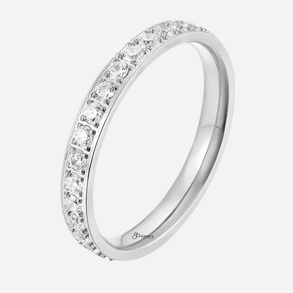 CZ Fully Inlay Stainless Steel Band Ring - Silver-Stainless Steel Rings-1-Glitters