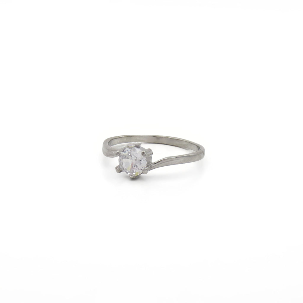 Stainless Steel Solitaire Ring with Round CZ Stone - Silver