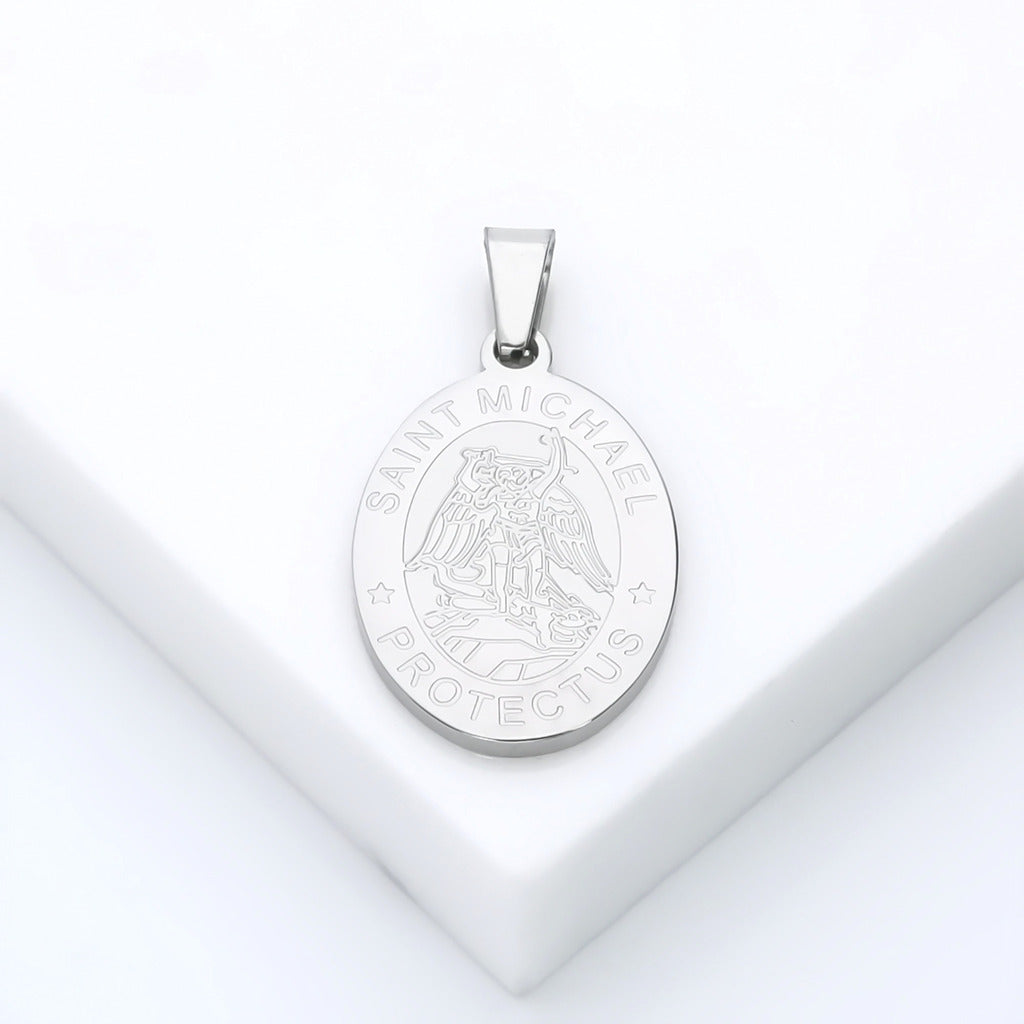 Stainless Steel St. Michael Oval Shape Pendant - Silver