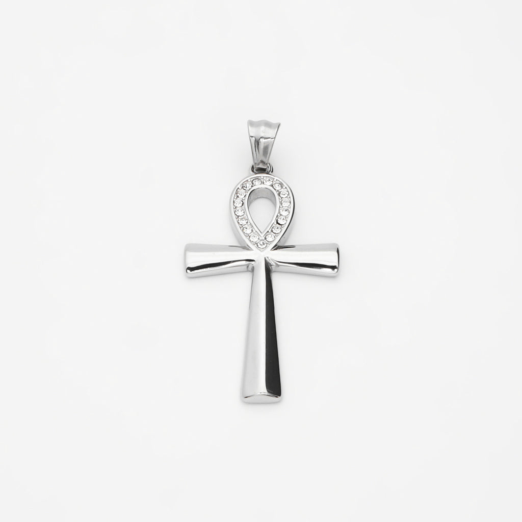 Stainless Steel CZ Ankh Cross Pendant - Silver-Pendants-1-Glitters