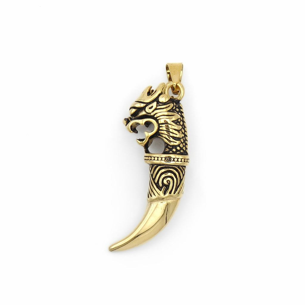 Stainless Steel Dragon Head with Wolf Tooth Pendant - Gold-Pendants-1-Glitters