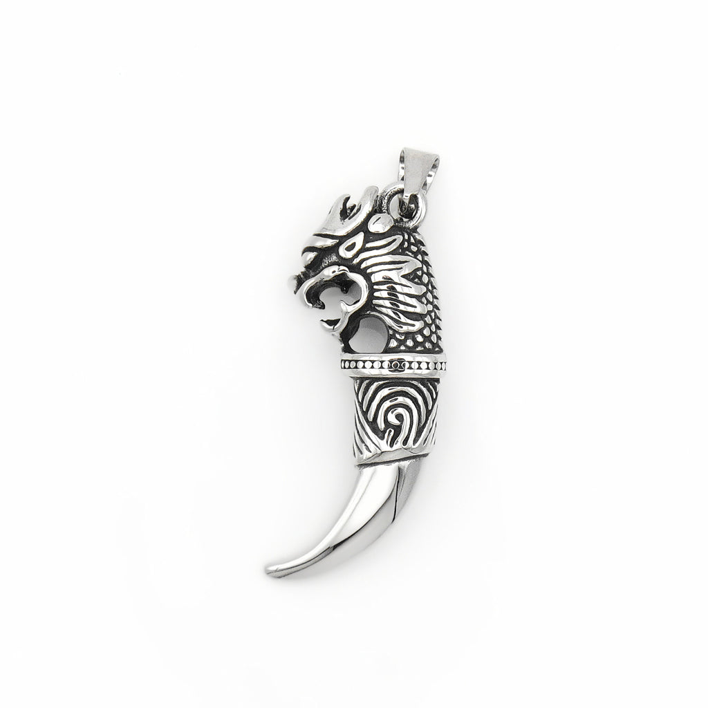 Stainless Steel Dragon Head with Wolf Tooth Pendant - Silver-Pendants-1-Glitters