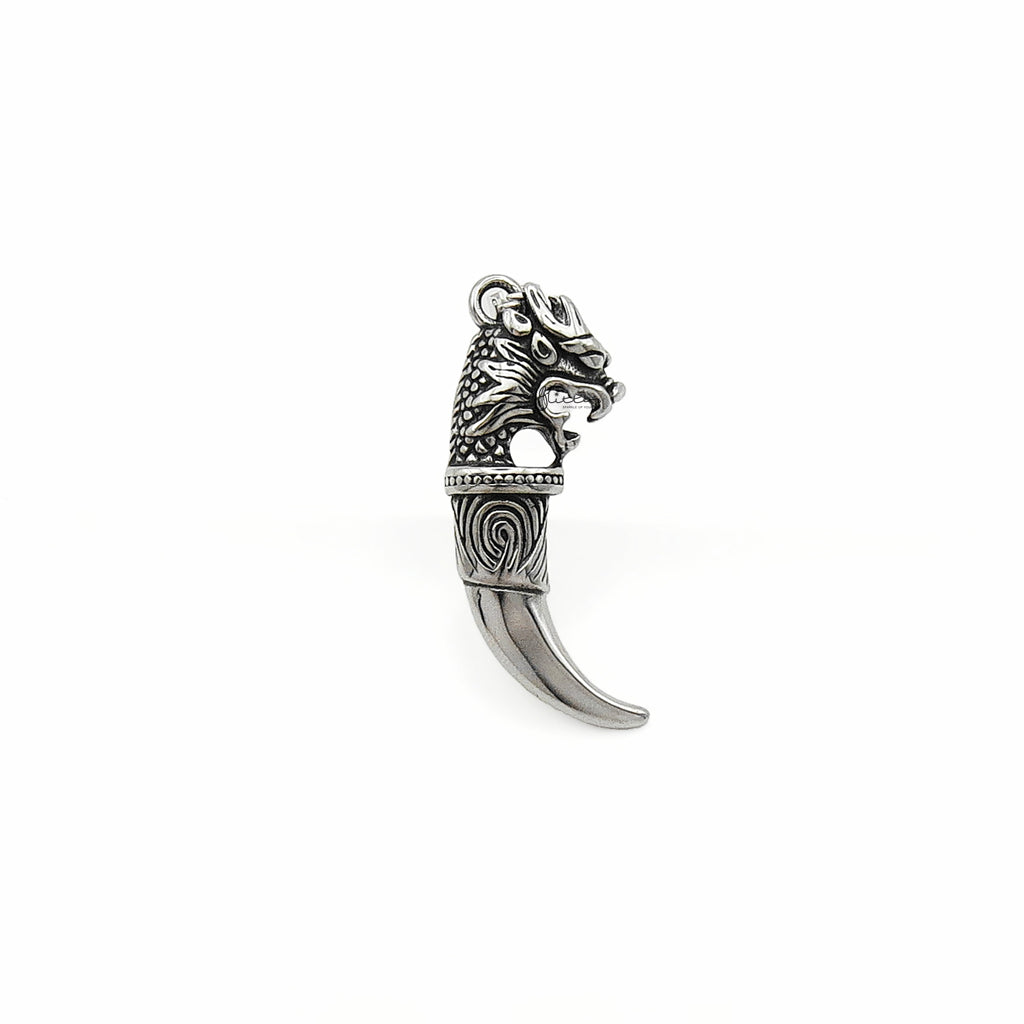 Stainless Steel Dragon Head with Wolf Tooth Pendant - Silver-Pendants-3-Glitters